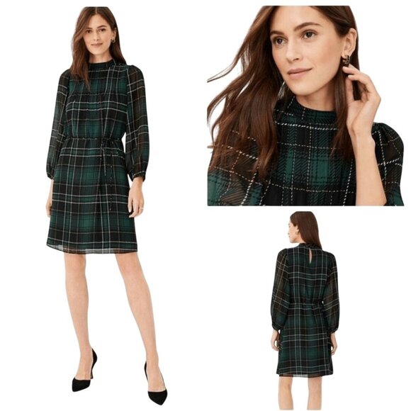 Ann Taylor Green Black Plaid Pintuck Long Balloon Sleeve A Line Dress Size M - Picture 5 of 9